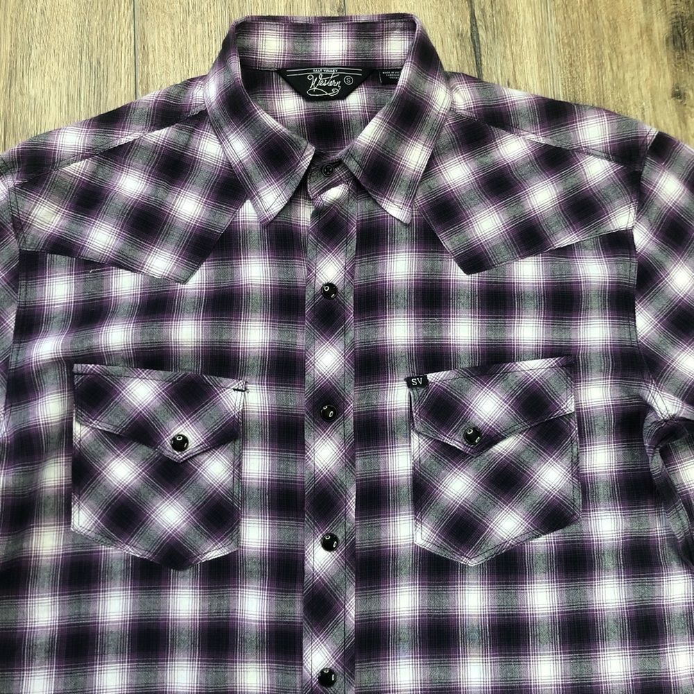 Salt Valley Western Purple Black Plaid Slanted Pocket Snap Shirt sz S